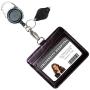 Genuine Leather ID Badge Holder with Heavy Duty Carabiner Retractable Reel, Key Ring and Metal Clip, 2 Card Pockets. Holds Multiple Cards & Keys. Key Chain Flashlight. Horizontal. Espresso Brown