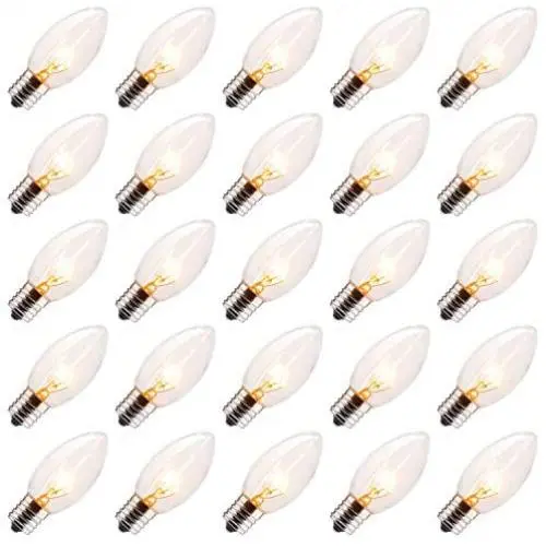 25 Pack C9 Incandescent Bulb, C9 Christmas Replacement Light Bulb for Christmas String Light, E17 Intermediate Base, 7 Watt, Clear