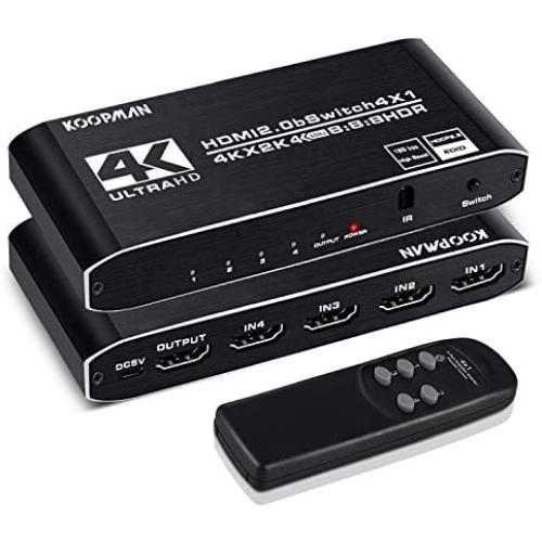 4k HDR HDMI Switch, Koopman 4 Ports HDMI 2.0 Switcher Selector with IR Remote Control, Supports HDCP 2.2 4K@60Hz UltraHD HDR10 3D HD1080P Dolby DST, HDMI Splitter for PS4 Xbox Apple TV Fire Stick