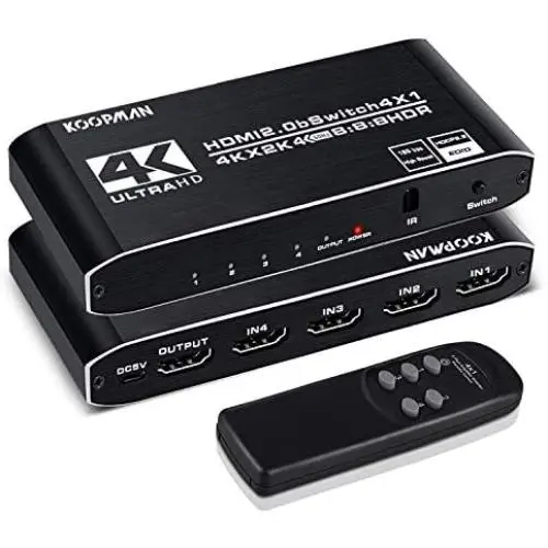 4k HDR HDMI Switch, Koopman 4 Ports HDMI 2.0 Switcher Selector with IR Remote Control, Supports HDCP 2.2 4K@60Hz UltraHD HDR10 3D HD1080P Dolby DST, HDMI Splitter for PS4 Xbox Apple TV Fire Stick