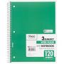 Mead Spiral Notebooks, 3 Subject, Wide Ruled Paper, 120 Sheets, 10-1/2'' x 7-1/2'', Red, Green, Blue, 3 Pack (73179)