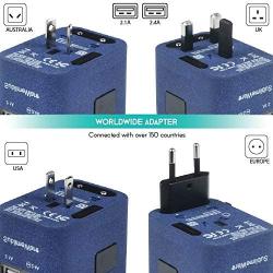 Power Plug Adapter (SandBlue)- International Travel - w/4 USB Ports for 150+ Countries - 220 Volt Adapter - Travel Adapter Type C Type A Type G I f UK EU Europe European