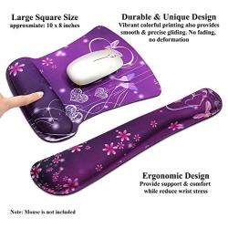 Meffort Inc Mouse Pad Wrist Support & Gaming Keyboard Wrist Pad Combo Set – Durable Ergonomic Anti Slip Non-Slip Square Base Rest Support - Purple Heart Butterfly