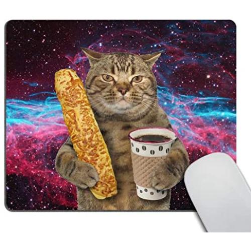 Smooffly Funny cat Mousepad,The Cat is Holding a Cup of Black Coffee and a Baguette with Galaxy Design Customized Rectangle Non-Slip Rubber Mousepad Gaming Mouse Pad
