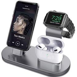 OLEBR 3 in 1 Charging Stand Compatible with iWatch Series 6/SE/5/4/3/2/1, AirPods Pro and iPhone Series 12/11 Series/Xs/X Max/XR/X/8/ 8P/7/7P/6S/6S Plus(Original Charger & Cables Required) Space Gray