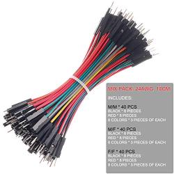 Premium Breadboard Jumper Wires Male to Male Male to Female Female to Female Square Head 0.1 24AWG 10 Colors 100-Pack by Hellotronics (10CM, MMx40 + MFx40 + FFx40)