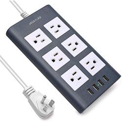 9.8 Ft Long Extension Cord Surge Protector, JACKYLED 15A Power Strip Flat Plug 6 Outlets 3.1A 4 USB Ports Fast Charging, Fireproof Electric Outlet Desktop Charger for Home Office Kitchen, Blue White