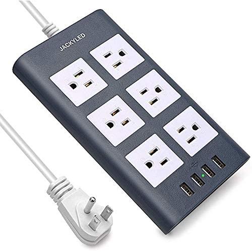 9.8 Ft Long Extension Cord Surge Protector, JACKYLED 15A Power Strip Flat Plug 6 Outlets 3.1A 4 USB Ports Fast Charging, Fireproof Electric Outlet Desktop Charger for Home Office Kitchen, Blue White