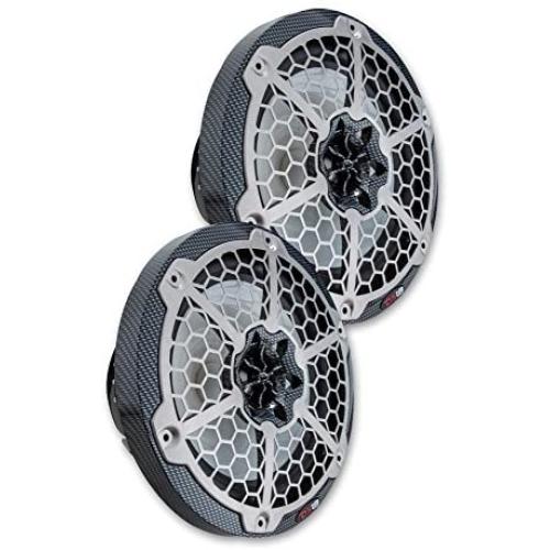 DS18 CF8 Carbon Fiber Marine Speaker - 8'', 2-Way, 450W Max, 150W RMS, 100% UV Stable, IP65 Marine Grade Specs, 4 Ohms, Integrated RGB LED Lighting - for All Elements, UTV, ATV & Jeeps (2 Speakers)