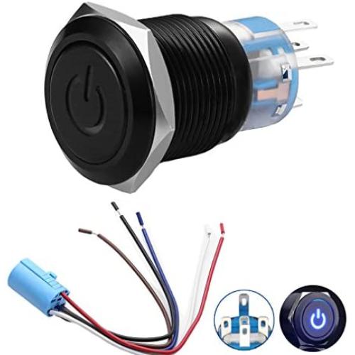 Quentacy 19mm 3/4'' Metal Latching Pushbutton Switch 12V Power Symbol LED 1NO1NC SPDT ON/Off Black Waterproof Toggle Switch with Wire Socket Plug (Blue)