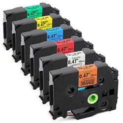 Labelife Compatible Label Tape Replacement for Brother P Touch TZe Label Tape 12mm 0.47 Inch (Black on White/Orange/Red/Blue/Yellow/Green) for P-Touch PT-D210 H110 Label Maker, Laminated, 6-Pack