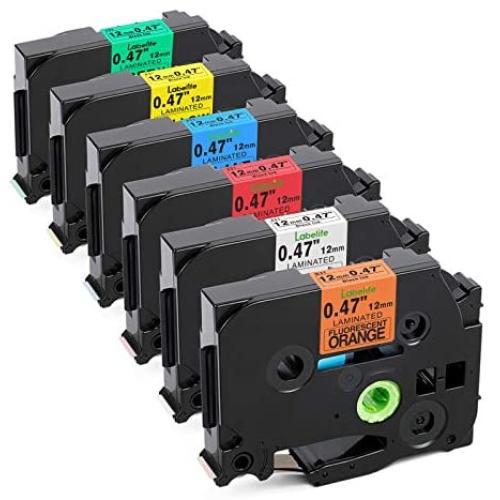 Labelife Compatible Label Tape Replacement for Brother P Touch TZe Label Tape 12mm 0.47 Inch (Black on White/Orange/Red/Blue/Yellow/Green) for P-Touch PT-D210 H110 Label Maker, Laminated, 6-Pack