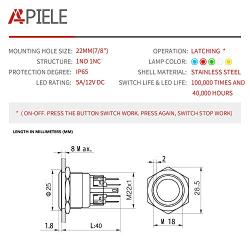 APIELE 22mm 12 V Angel Eye White LED Waterproof Stainless Steel Round Metal Self-Locking Latching Push Button Switch 7/8 1NO 1NC (White)