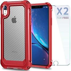 iPhone XR Case with [ Screen Protector Tempered Glass x2Pack] SUPBEC Protective Phone Cover with Silicone PC+TPU Shockproof Rubber Heavy Duty Case for iPhone XR Cases-Clear Red