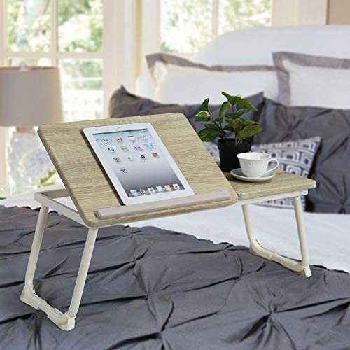 HouseInBox Wooden Laptop Desk, Separated Bed Tray Lap Desk Table, Adjustable Angle Desktop with Foldable Metal Legs, 25.5 x 11.8 Inch (Wood White)