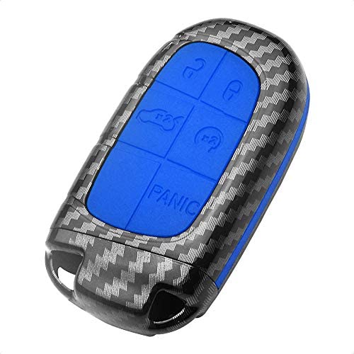 TANGSEN Smart Key Fob Case for DODGE RAM JEEP CHEROKEE 3 4 5 Button Keyless Entry Remote Personalized Protective Cover Plastic Carbon Fiber Pattern Blue Silicone