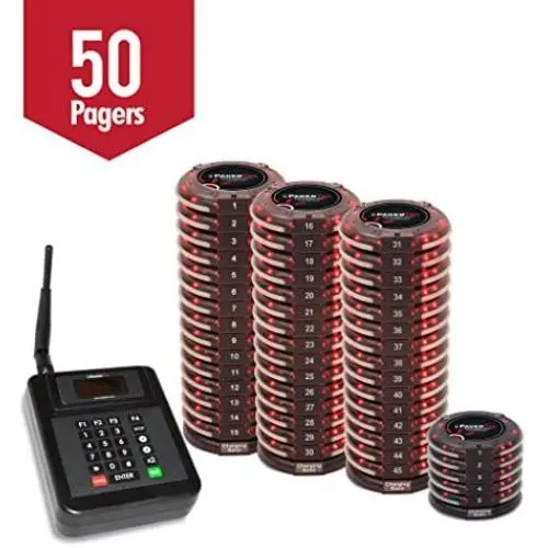 Complete Coaster Paging System For Restaurants, Hospitals & Hotels | Consists of: 1 Transmitter, 3 Charging Bases & Long Range Pagers (Set of 50 Units) | Up To 2 Miles Range by PagerTec