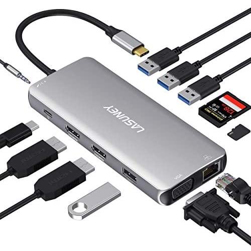Lasuney Triple Display 12 in 1 USB C Docking Station Dock with 2 HDMI & VGA, PD3.0, Ethernet, SD TF Card Reader, 4 USB Port, Mic/Audio, Type C Adapter Hub Compatible for MacBook Air Pro and More