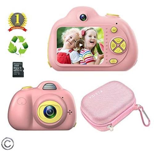 Feeyea Kids Camera with 18 Million Pixels Dual lens,with Carrying Case, Anti-drop Childrens real camera with Soft Silicone Shell,Great toy for 4-8 Years Girl,Pink(32GB TFcard included)