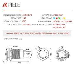 APIELE (Pcs of 2) 12mm Latching Push Button Switch High Round Head Stainless Steel 1 Normally Open with Ring Led (White)