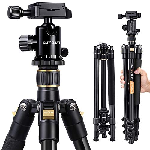 K&F Concept 62 DSLR Tripod, Lightweight and Compact Aluminum Camera Tripod with 360 Panorama Ball Head Quick Release Plate for Travel and Work (TM2324 Black)