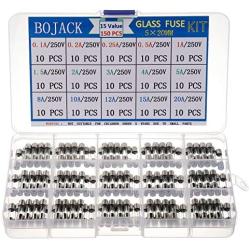 BOJACK 15 Values 150 pcs Fast Blow Glass Fuses Assortment Kit 5x20 mm 250 V 0.1 0.2 0.25 0.5 1 1.5 2 3 4 5 8 10 12 15 20 A packag in a Clear Plastic Box