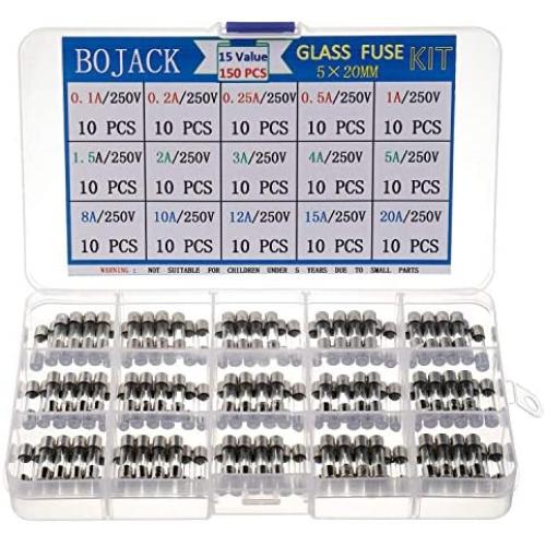 BOJACK 15 Values 150 pcs Fast Blow Glass Fuses Assortment Kit 5x20 mm 250 V 0.1 0.2 0.25 0.5 1 1.5 2 3 4 5 8 10 12 15 20 A packag in a Clear Plastic Box