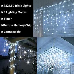 Toodour Icicle Christmas Lights, 432 LED 35.4ft 8 Modes Icicle String Lights with 72 Drops, Window Curtain Fairy Icicle Lights, Icicle Fairy Twinkle Lights for Christmas, Party, Holiday (White)