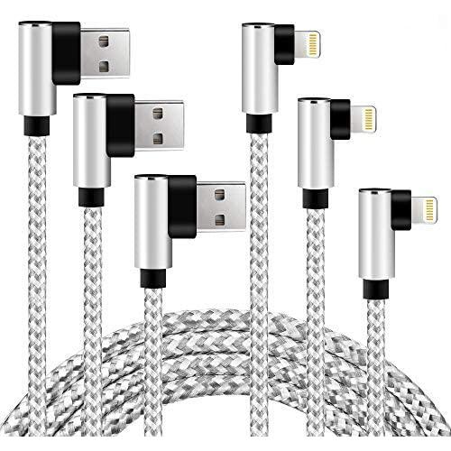 MFI Right Angle Lightning Cable USB iPhone Charger 3Pack 6FT Aluminum Alloy Nylon Braided Cord Compatible withiPhone 11/ Pro/Max/X/XS/XR/XS Max/ 8/ Plus/7/7 Plus/6/6S/6 Plus (White, 6FT)