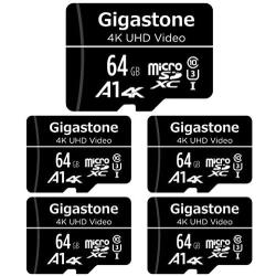 Gigastone 64GB 5-Pack Micro SD Card, 4K UHD Video, Surveillance Security Cam Action Camera Drone Professional, 90MB/s Micro SDXC UHS-I A1 Class 10
