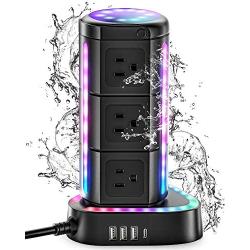 ESHLDTY RGB Power Strip Tower Surge Protector with 1 USB C Port 3 USB Ports 9 AC Outlets, IPX4 Waterproof 1875W 2000Joules 6ft Heavy Duty Extension Cord Charging Station for Home Party Bar Game Room