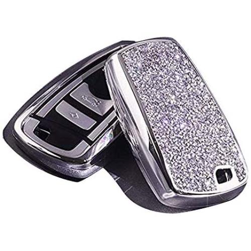 Luxury 3 4 Buttons 3D Bling Smart keyless Entry Remote Blade Key Fob case Cover for BMW 1 2 3 4 5 6 7 M Series,BMW X1 X3 X4 M2 M3 M4 M5 M6 (Silver)