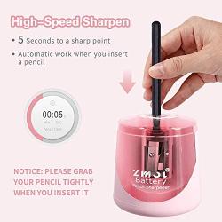 Battery Powered Electric Pencil Sharpener, Fast Sharpen, Suitable for No.2/Colored Pencils(6-8mm), School/Classroom/Office/Home（2 AA batteries，2 replacement blades and 1 brush included） (Pink)