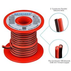 BNTECHGO 20 Gauge Flexible 2 Conductor Parallel Silicone Wire Spool Red Black High Resistant 200 deg C 600V for Single Color LED Strip Extension Cable Cord,Model,25ft Stranded Copper Wire