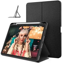 DTTO Case for iPad Air 4 2020, iPad 10.9 Case, Double-fold Folio Stand Shockproof TPU Back Cover with Built-in Apple Pencil Holder - Auto Wake/Sleep and Multiple Viewing Angles, Dark Black