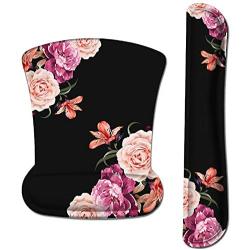 iLeadon Keyboard Wrist Rest Pad and Mouse Wrist Rest Support Mouse Pad Set, Non Slip Rubber Base Wrist Support with Ergonomic Raised Memory Foam for Easy Typing & Pain Relief, Adorable Peony Flower
