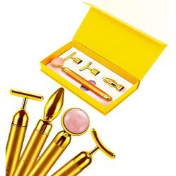 4-IN-1 Beauty Bar 24k Golden Pulse Face Massager, Electric Jade Roller Facial Massager Rose Quartz, Beauty Natural Round Pink Jade, T Shape Energy Facial Roller and T shape face slimming bar, 3D Eye R