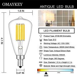 OMAYKEY 6W Dimmable LED Candelabra Bulb 3000K Soft White, 65W Equivalent 650LM, E12 Base Vintage Edison Style ST48 Clear Glass LED Chandelier Light Bulbs, 8 Pack