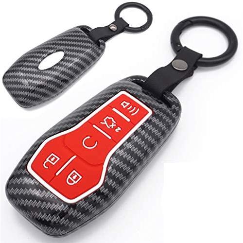 Royalfox(TM) 4 5 Buttons Carbon Fiber Texture Smart keyless Entry Remote Key Fob case Cover for Ford Mustang F-150 F-450 Explorer Taurus Fusion Edge,Lincoln MKZ MKC MKX (red)