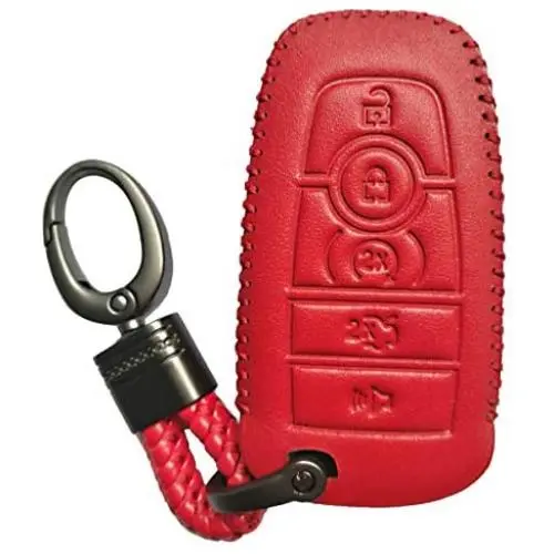 Hand Sewing Red Leather Key Cover Fob Case Protector Jacket Remote Bag For 2017 Ford Fusion F250 F350 F450 F550 Edge 2018 Explorer Expedition 5 Buttons Smart Keyless Entry