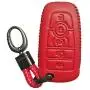 Hand Sewing Red Leather Key Cover Fob Case Protector Jacket Remote Bag For 2017 Ford Fusion F250 F350 F450 F550 Edge 2018 Explorer Expedition 5 Buttons Smart Keyless Entry