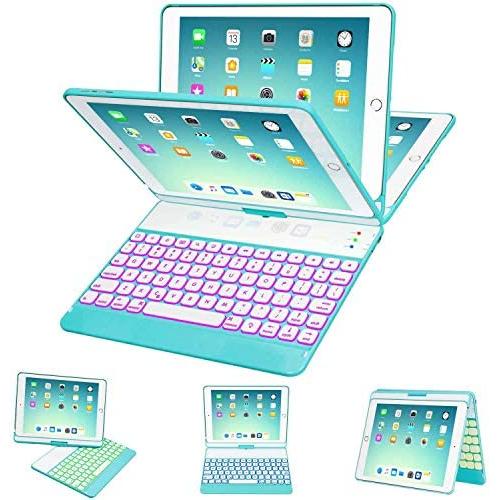 iPad Keyboard Case 9.7 for iPad 2018 (6th Gen) - 2017 (5th Gen) - iPad Pro 9.7 - iPad Air 2 & 1, 7 Color Backlit Keyboard Case/360 Rotate Wireless/BT Keyboard Case with Auto Sleep/Wake (Tiffany Blue)