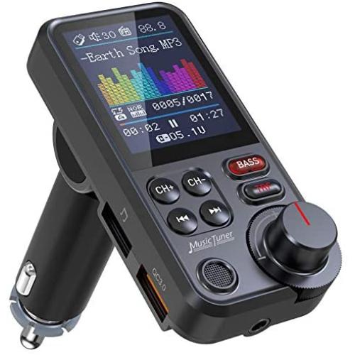 Nulaxy Car Bluetooth Transmitter, Strong Microphone Bluetooth Car Radio Adapter with 1.8'' Color Screen for Hands Free Calls, Supports QC3.0 Charging, Treble and Bass Sound Music Player- KM30