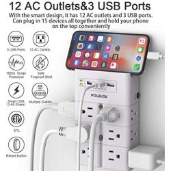 Multi Plug Outlet, Outlet Splitter, POWSAV Surge Protector Wall Mount with 12-Outlet Extender and 3 USB Ports(Smart 3.4A Total) for Home, Office, Dorm Essentials, Hotel, White, ETL Listed