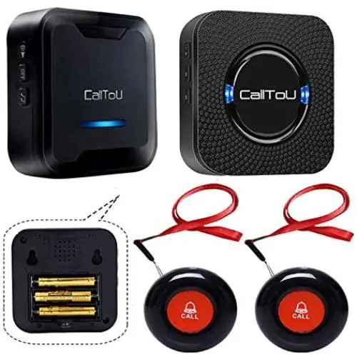 CallToU Caregiver Pager Wireless Call Button System 2 Transmitters 1 Plug-in Receiver 1 Battery Portable Receiver Nurse Calling Alert for Elderly Patient Disabled