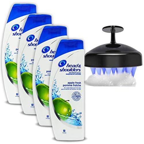 Head and Shoulders Anti Dandruff Shampoo Set: (4 Pack) Head N Shoulders 2 in 1 Green Apple Fresh Dandruff Treatment Shampoo & Shower Shampoo Scalp Scrubber Massage Brush