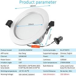 FVTLED 15W 6 inch Smart LED Recessed Downlight, Bluetooth Mesh Retrofit 1200LM 2700K-6500K Dimmable RGBWC Multicolor Color 5 in 1 Ceiling Spotlight Can Light (1pcs)