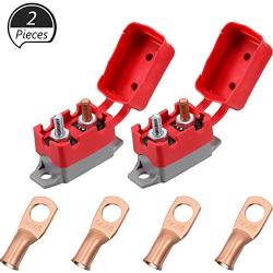 2 Pieces DC 12V - 24V Automatic Reset Circuit Breaker with Cover Stud Bolt and 4 Pieces Wire Lugs for Battery Chargers, Trucks, Buses, Electric Cars, Car Engines and Automotive Supplies (40 Amp)