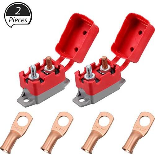 2 Pieces DC 12V - 24V Automatic Reset Circuit Breaker with Cover Stud Bolt and 4 Pieces Wire Lugs for Battery Chargers, Trucks, Buses, Electric Cars, Car Engines and Automotive Supplies (40 Amp)