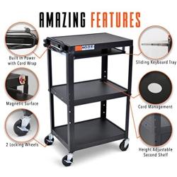 Line Leader AV Cart on Wheels | Height Adjustable Top Shelf & Pullout Keyboard Tray | Includes 15 ft Power Cord with Cord Management | Easy Assembly (42in x 24in x 18in / Black)